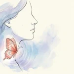 An elegant watercolor illustration of a woman's profile with a warm coral butterfly-shaped thyroid gland at her neck.