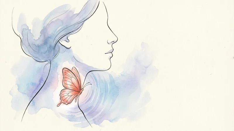 An elegant watercolor illustration of a woman's profile with a warm coral butterfly-shaped thyroid gland at her neck.