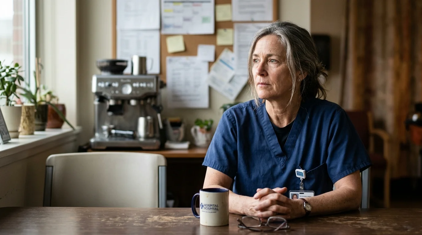 An empathetic portrait of a mature female doctor in scrubs, capturing a moment of reflection in a hospital breakroom.