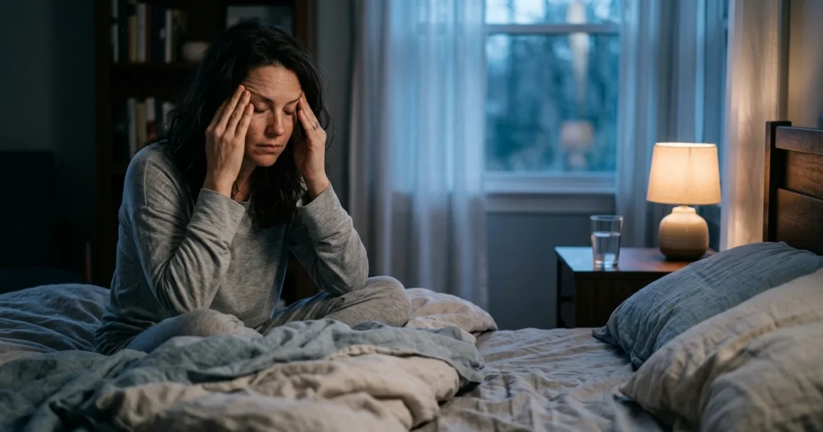 An exhausted person sits on the edge of a bed at dawn, rubbing their temples in a dimly lit bedroom, feeling the effects of poor sleep.
