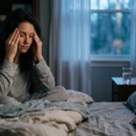 An exhausted person sits on the edge of a bed at dawn, rubbing their temples in a dimly lit bedroom, feeling the effects of poor sleep.