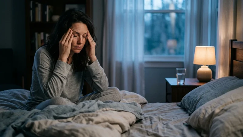 An exhausted person sits on the edge of a bed at dawn, rubbing their temples in a dimly lit bedroom, feeling the effects of poor sleep.