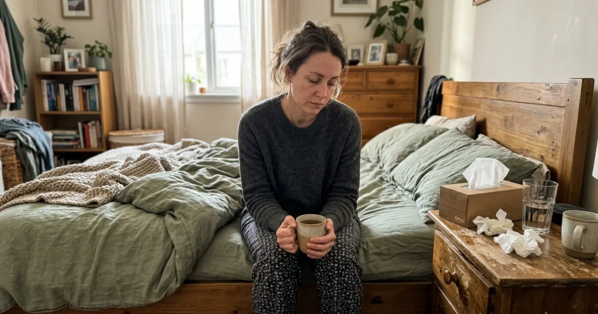 An exhausted woman sitting on her bed holding a warm mug, with tissues and water on her nightstand in soft morning light.