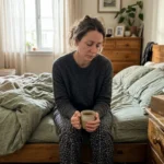 An exhausted woman sitting on her bed holding a warm mug, with tissues and water on her nightstand in soft morning light.