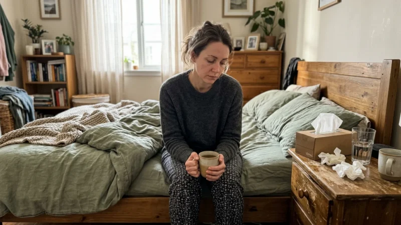 An exhausted woman sitting on her bed holding a warm mug, with tissues and water on her nightstand in soft morning light.