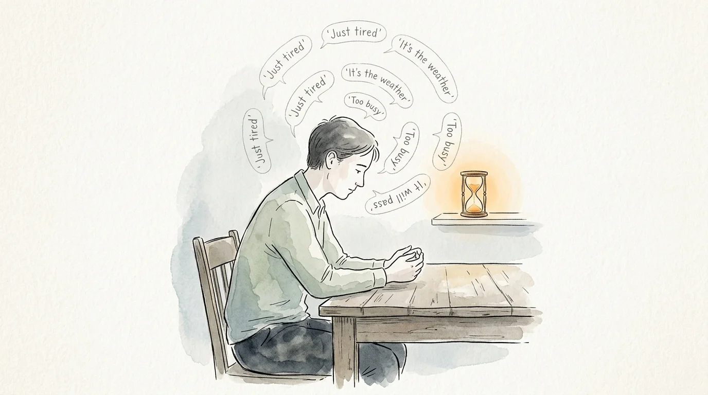 An illustration of a person at a desk surrounded by speech bubbles with excuses like 'just tired' and 'too busy'.