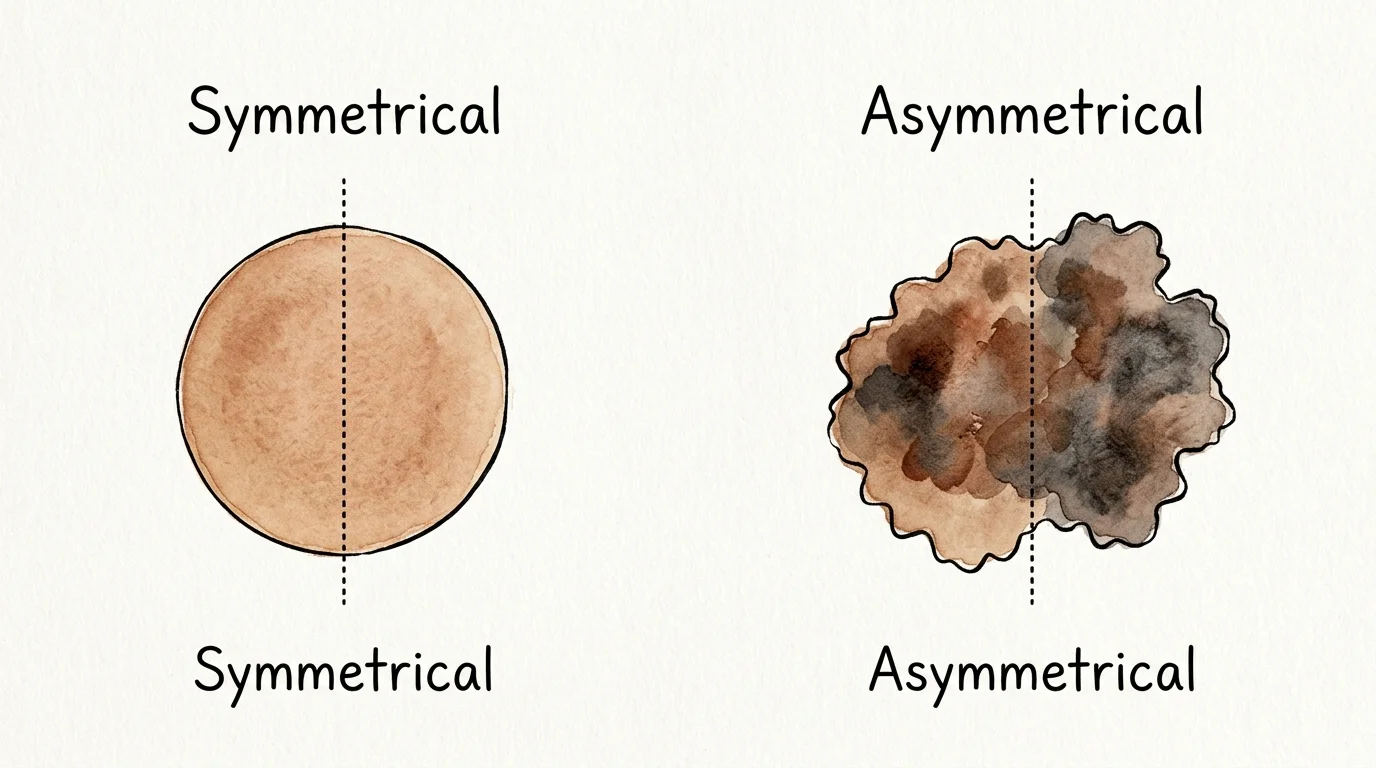 An ink and watercolor diagram comparing a symmetrical round mole to an asymmetrical, irregular dark spot.