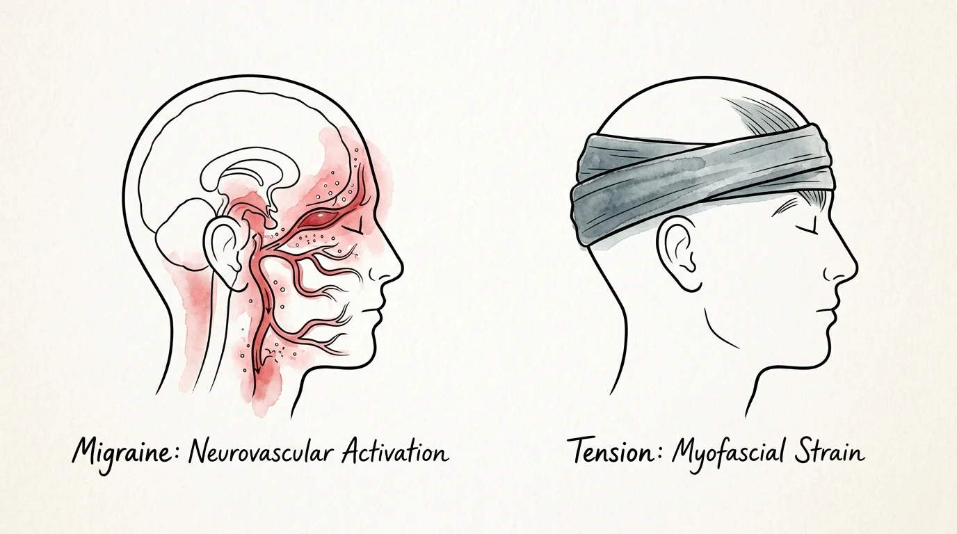 An ink and watercolor diagram comparing the neurovascular activation of a migraine with the muscle tension of a standard headache.