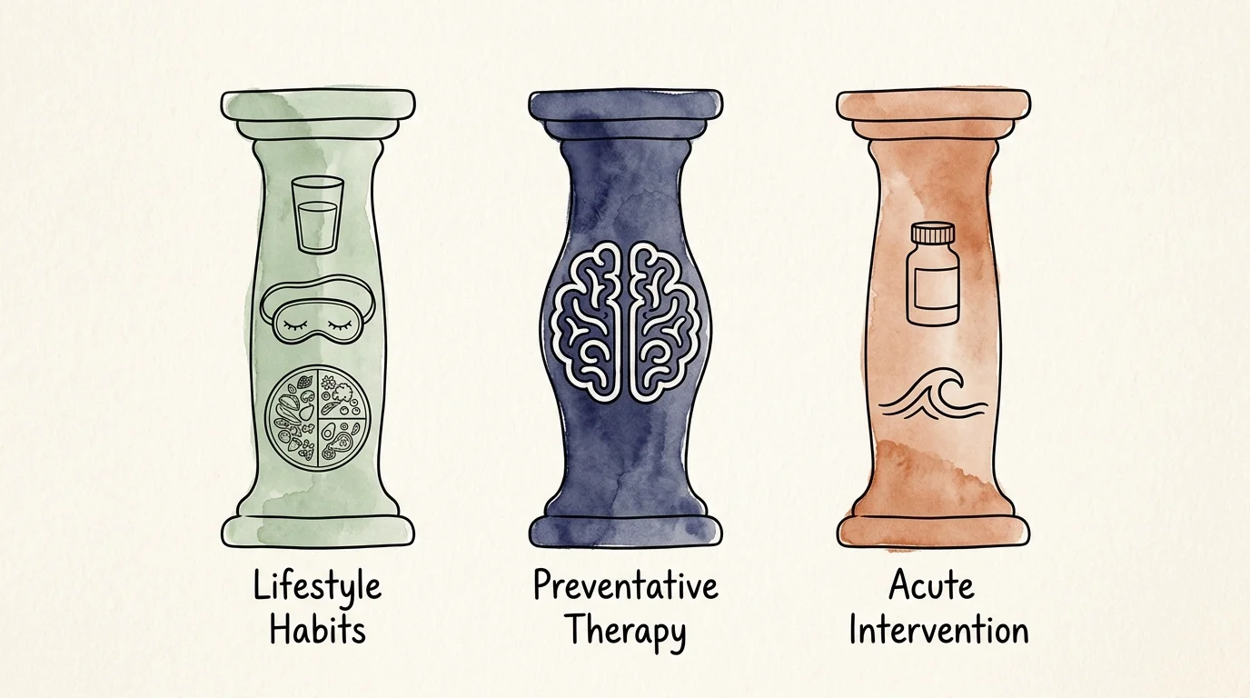 An ink and watercolor diagram showing three pillars of migraine management: Lifestyle Habits, Preventative Therapy, and Acute Intervention.