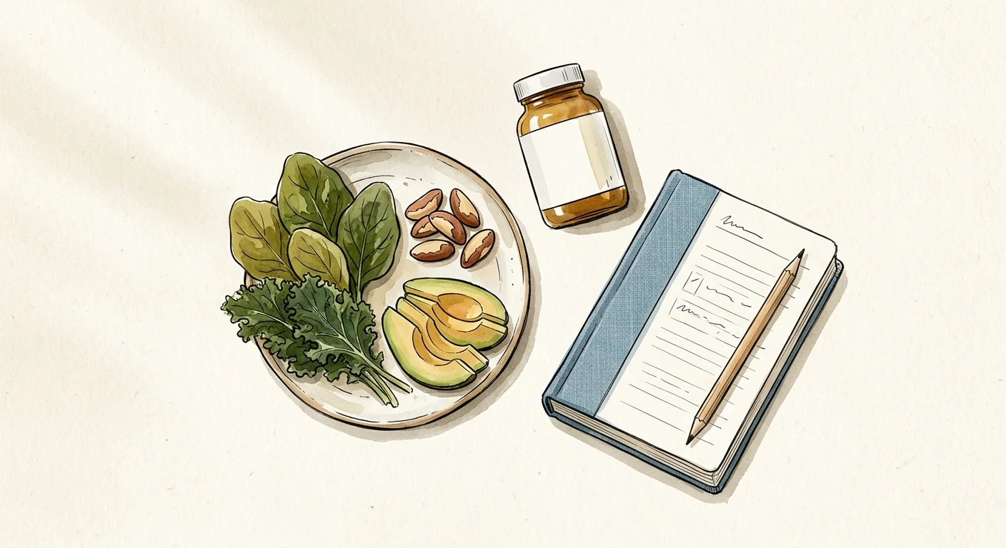 An ink and watercolor flat-lay sketch of nutrient-rich food, a supplement bottle, and a personal journal.