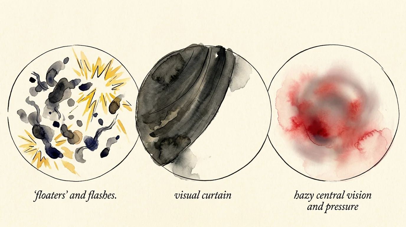An ink and watercolor illustration depicting three visual warning signs: floaters with light flashes, a dark shadow, and central blurring.