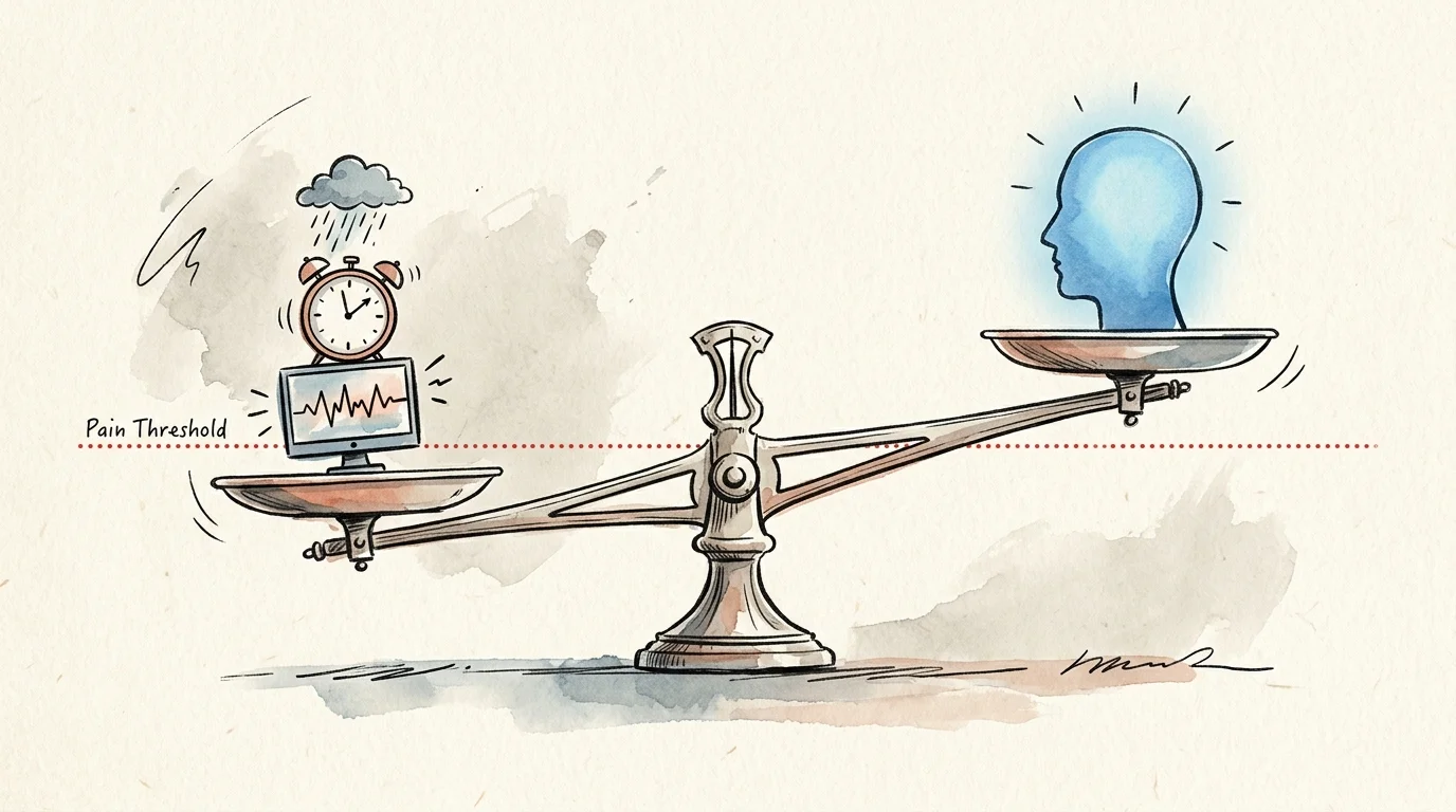 An ink and watercolor illustration of a balance scale tipping under the weight of subtle triggers, crossing a marked pain threshold.