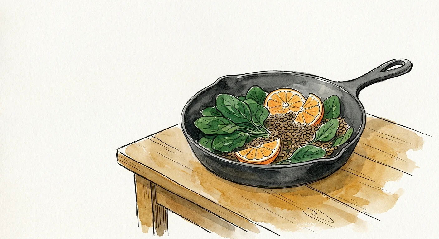 An ink and watercolor illustration of a cast-iron skillet containing iron-rich spinach, lentils, and citrus slices.