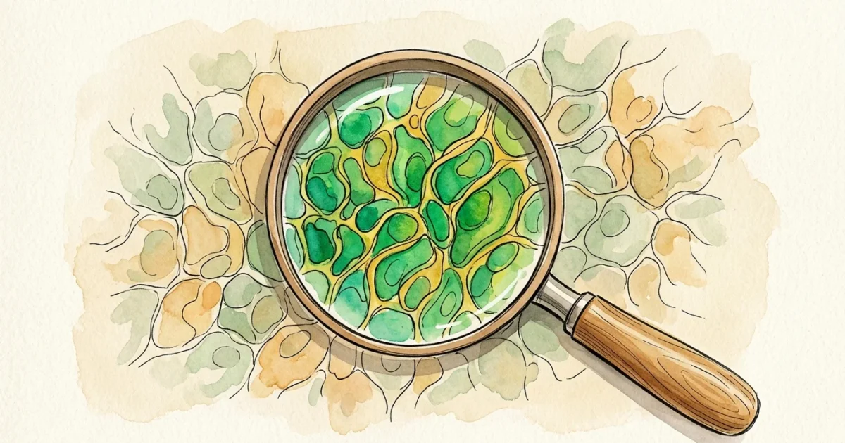 An ink and watercolor illustration of a magnifying glass focusing on a healthy pattern of green and gold cells on a cream background.