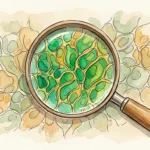 An ink and watercolor illustration of a magnifying glass focusing on a healthy pattern of green and gold cells on a cream background.