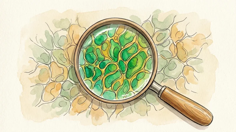 An ink and watercolor illustration of a magnifying glass focusing on a healthy pattern of green and gold cells on a cream background.