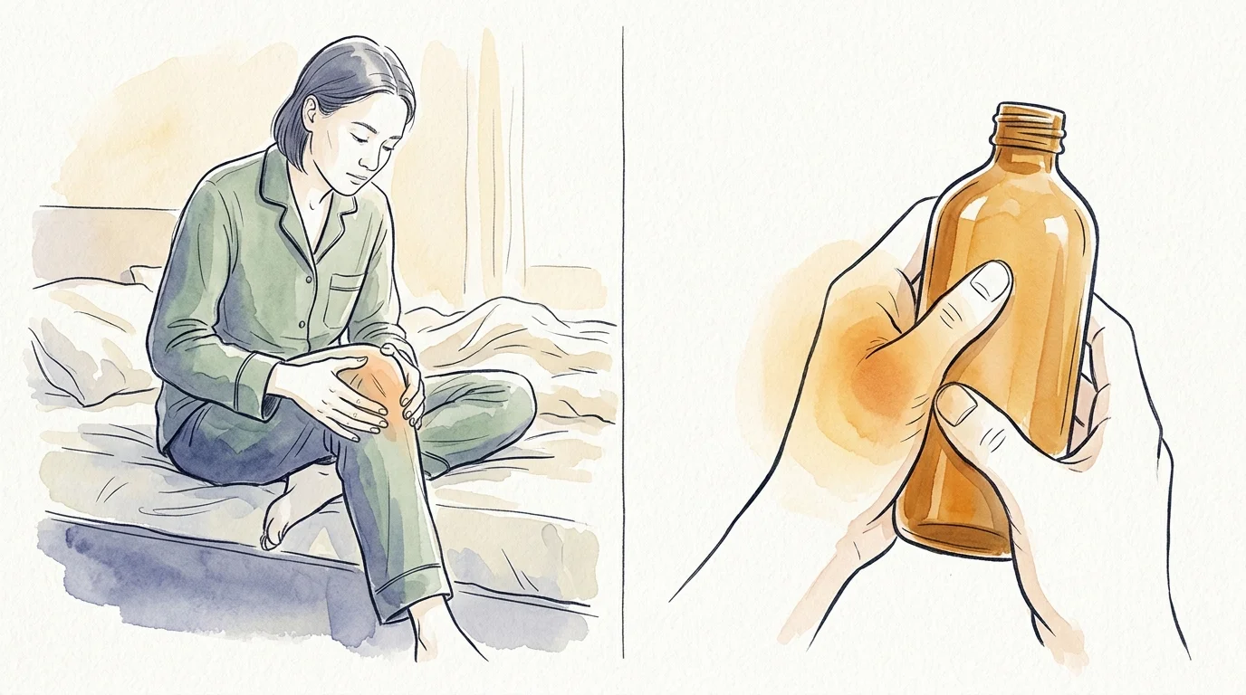 An ink and watercolor illustration of a person checking their knee in the morning and a hand feeling joint discomfort.