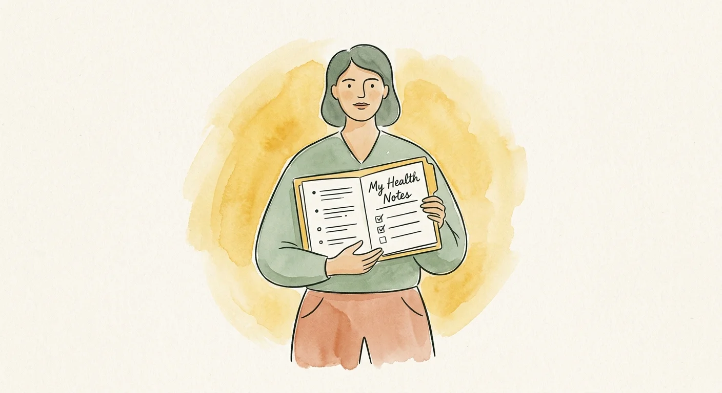 An ink and watercolor illustration of a person confidently holding a folder titled My Health Notes, symbolizing empowerment.