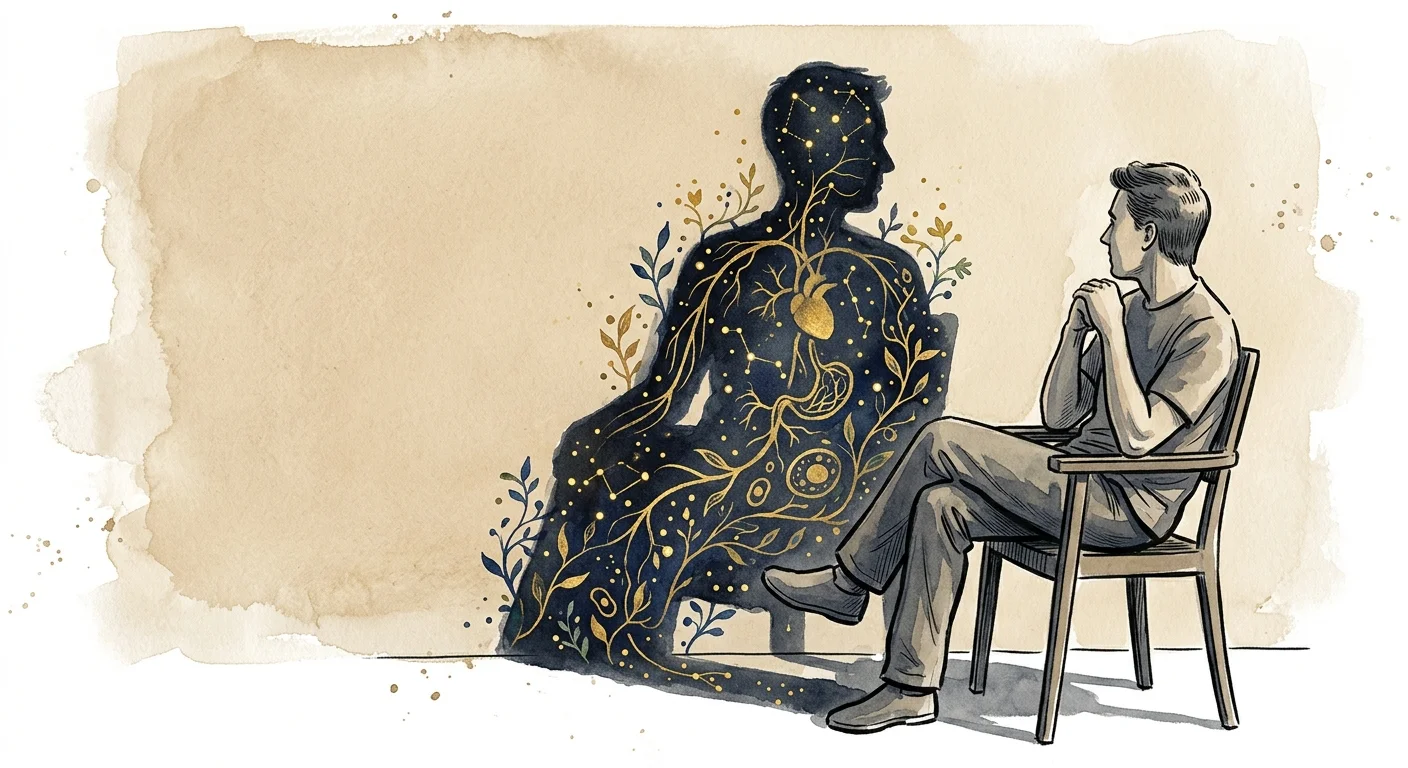 An ink and watercolor illustration of a person looking at their shadow, which is filled with a glowing golden constellation.