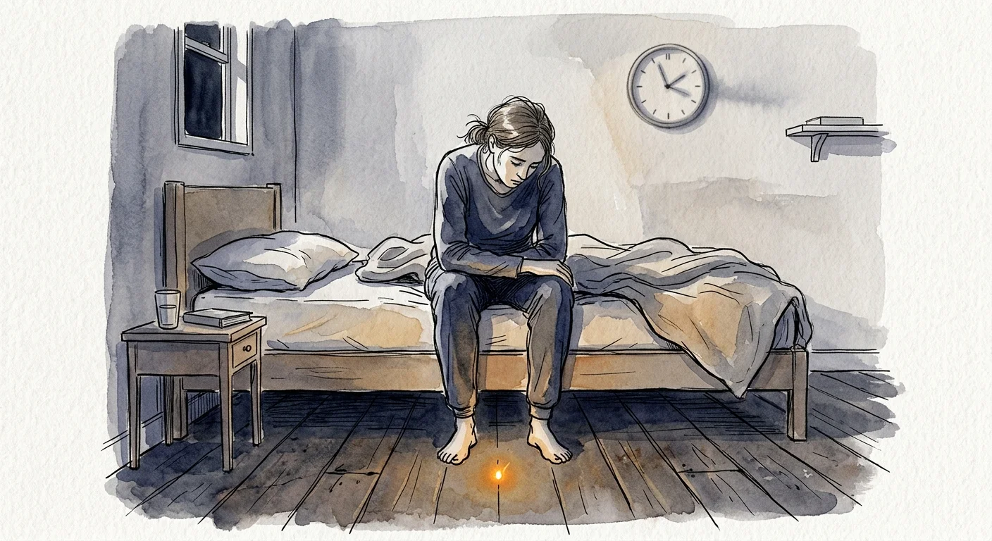An ink and watercolor illustration of a person sitting on a bed, looking down at a small glowing warning spark on the floor.