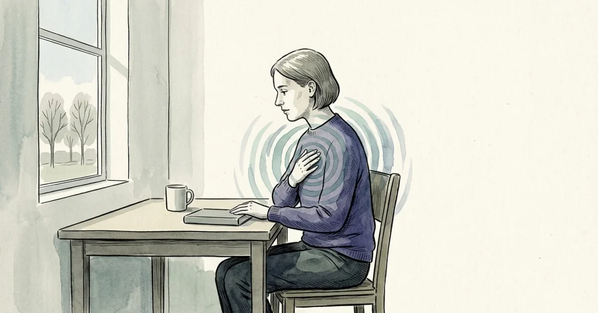 An ink and watercolor illustration of a person sitting quietly, listening to subtle, rippling blue rings emanating from their chest.