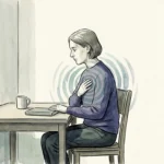 An ink and watercolor illustration of a person sitting quietly, listening to subtle, rippling blue rings emanating from their chest.