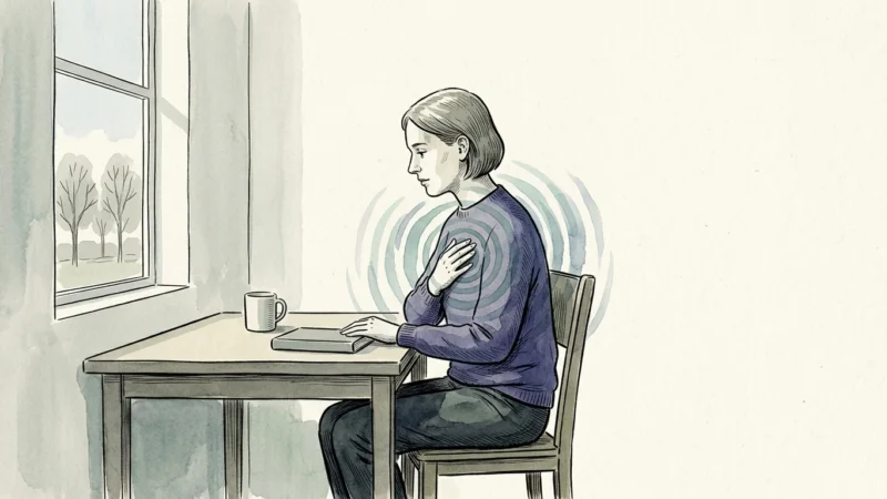 An ink and watercolor illustration of a person sitting quietly, listening to subtle, rippling blue rings emanating from their chest.