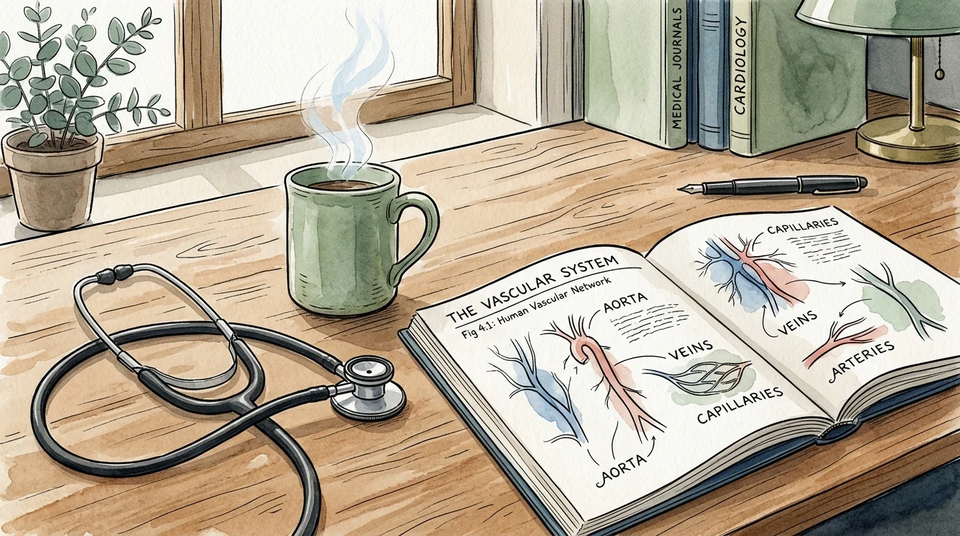 An ink and watercolor illustration of a stethoscope and an open medical journal on a doctor's wooden desk.