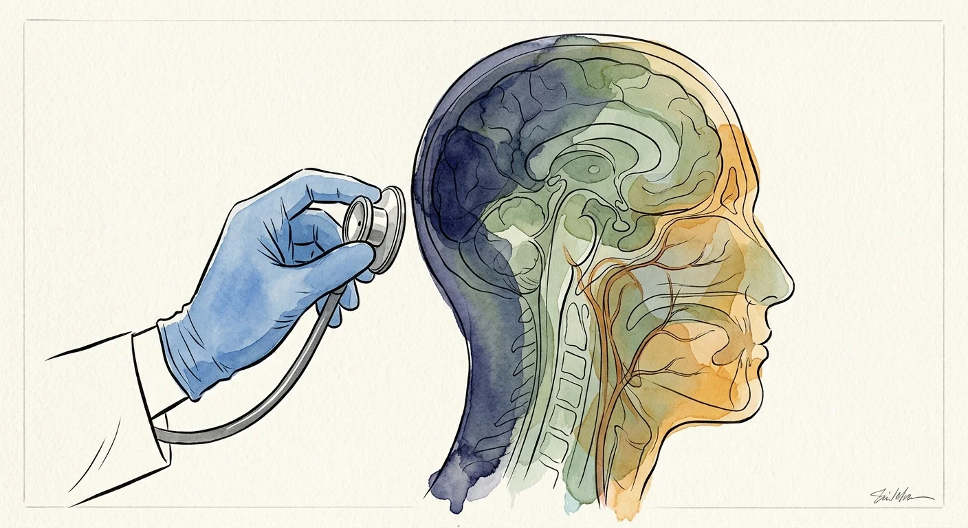 An ink and watercolor illustration of a stethoscope resting on a layered, multicolored profile of a head, representing clinical analysis.