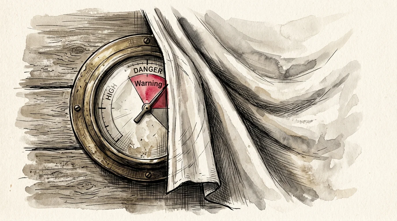 An ink and watercolor illustration of a vintage brass gauge pointing to a red warning zone, partially masked by a draped white cloth.