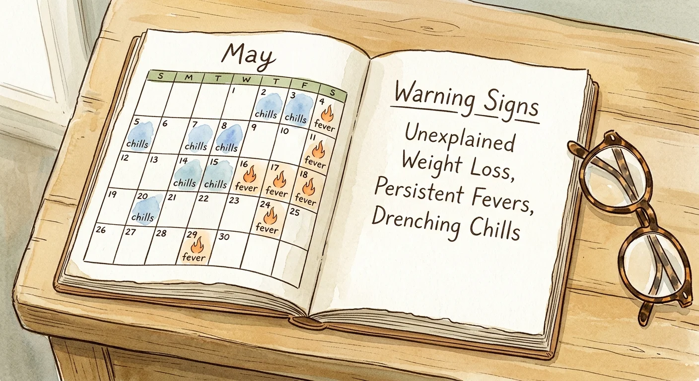 An ink and watercolor illustration of an open journal tracking warning signs like fevers, chills, and weight loss.