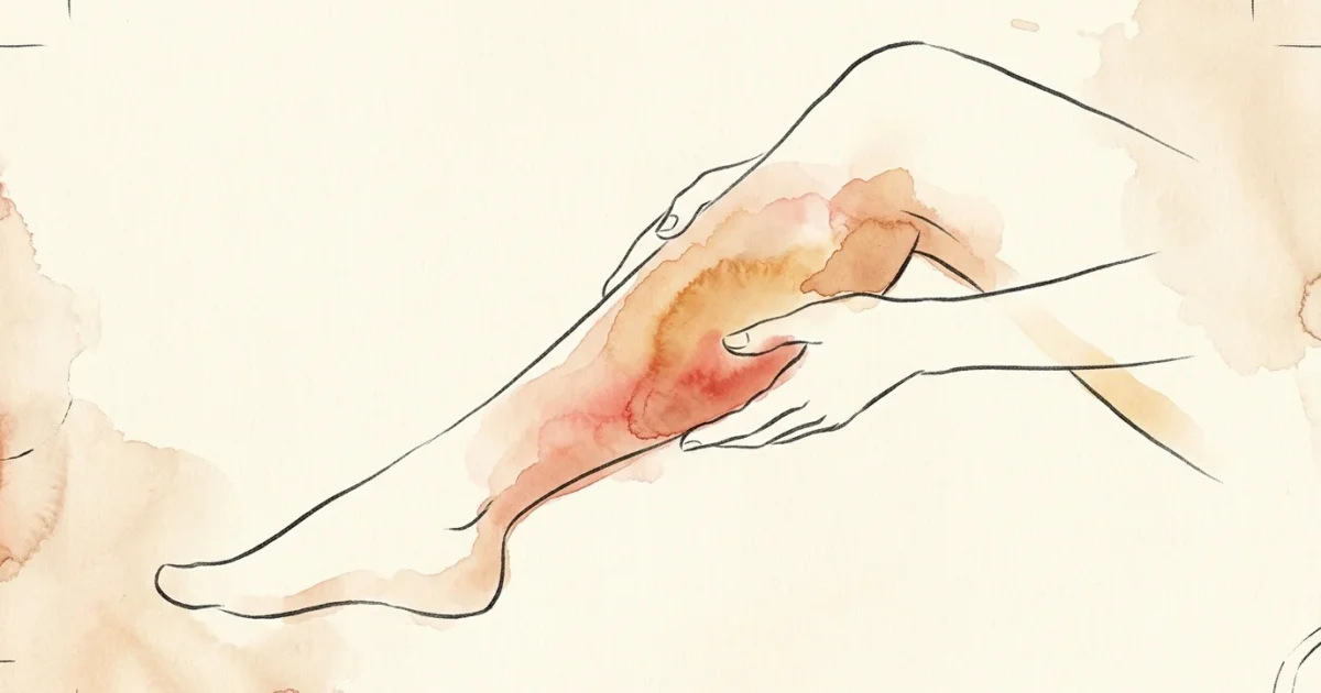 An ink and watercolor illustration of hands gently checking a stylized leg silhouette, suggesting circulation awareness.