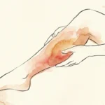 An ink and watercolor illustration of hands gently checking a stylized leg silhouette, suggesting circulation awareness.