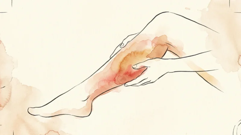 An ink and watercolor illustration of hands gently checking a stylized leg silhouette, suggesting circulation awareness.