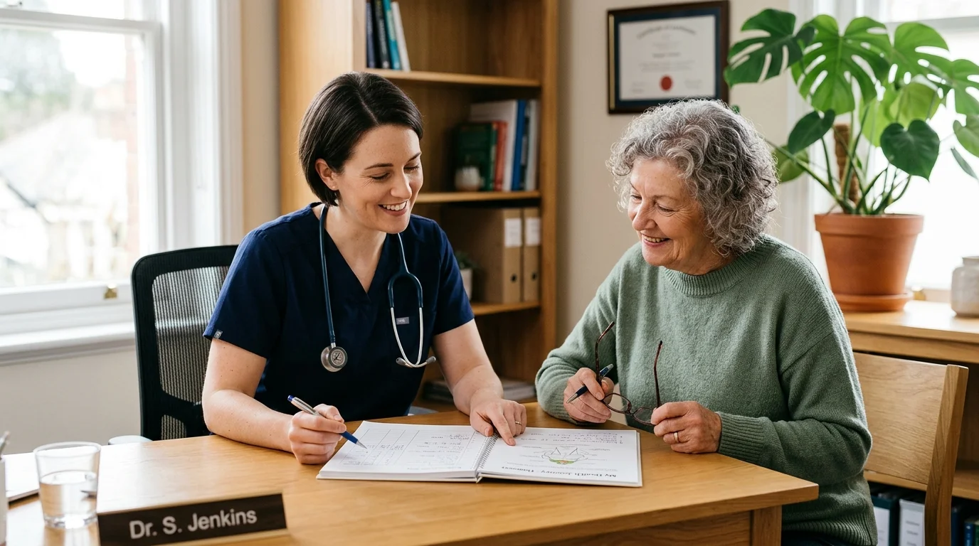 A smiling doctor in scrubs reviews medical paperwork at a desk with an older woman holding eyeglasses.