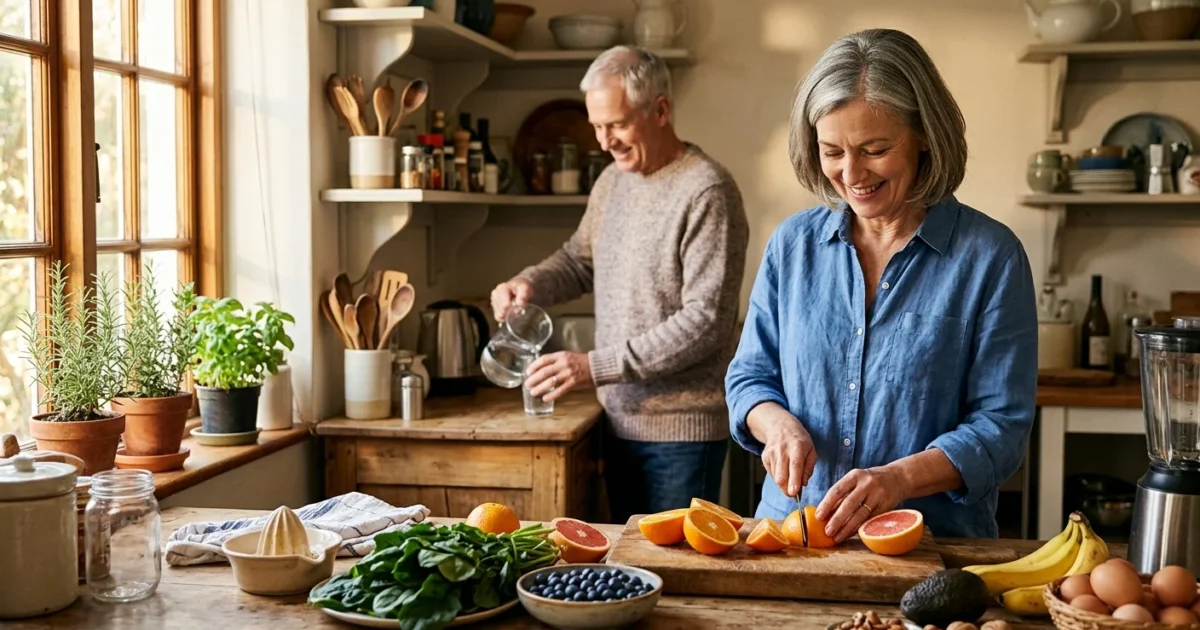 An older couple cheerfully prepares a nutrient-rich breakfast in their sun-lit kitchen, showcasing active, healthy aging.