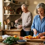 An older couple cheerfully prepares a nutrient-rich breakfast in their sun-lit kitchen, showcasing active, healthy aging.