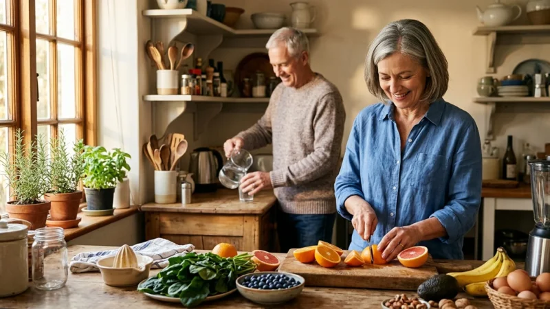An older couple cheerfully prepares a nutrient-rich breakfast in their sun-lit kitchen, showcasing active, healthy aging.