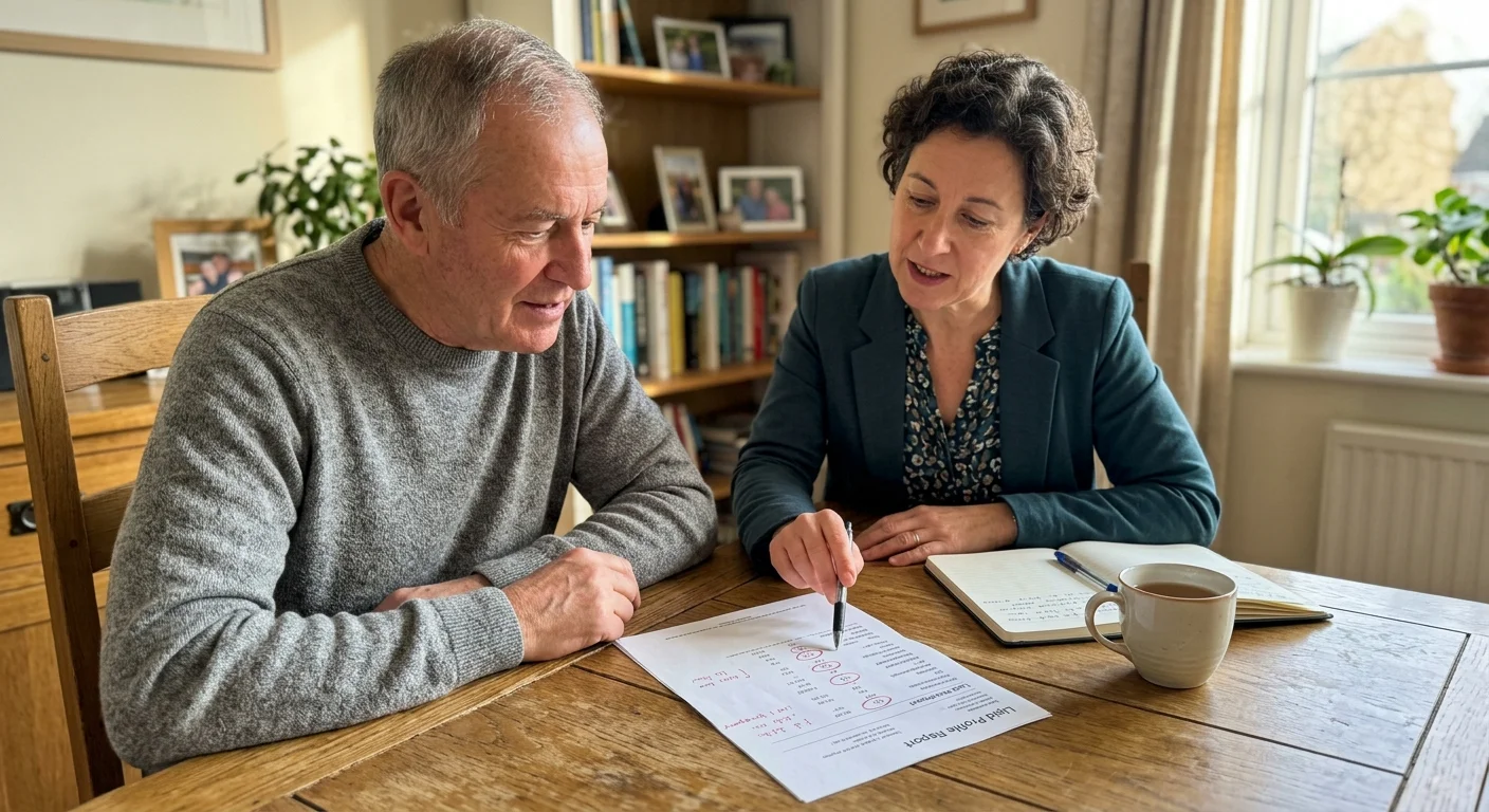 An older man and his doctor reviewing a paper medical report together at a wooden table in a sunlit home environment.