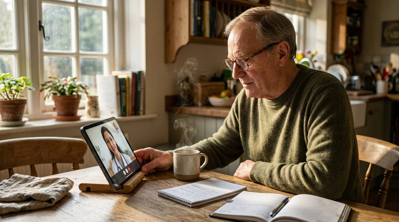 Senior man in glasses having a video call with a doctor on a tablet at a rustic kitchen table.