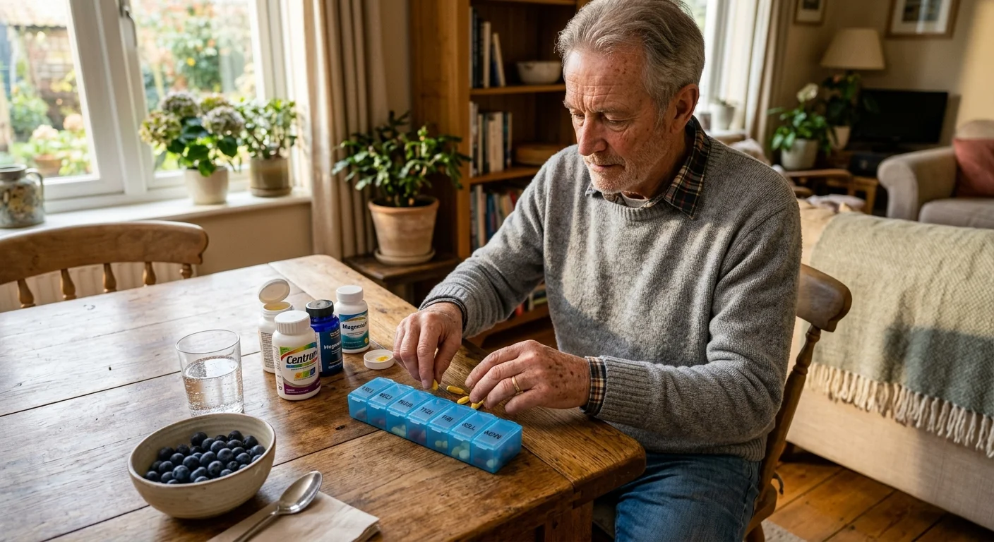An older man sitting at a sunlit wooden table organizing his daily vitamins next to a fresh bowl of berries.