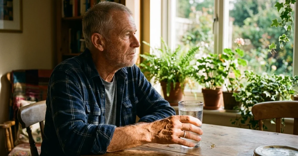 An older man sitting by a sunlit window at home, holding a fresh glass of water with condensation.