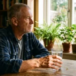 An older man sitting by a sunlit window at home, holding a fresh glass of water with condensation.