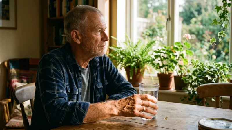 An older man sitting by a sunlit window at home, holding a fresh glass of water with condensation.