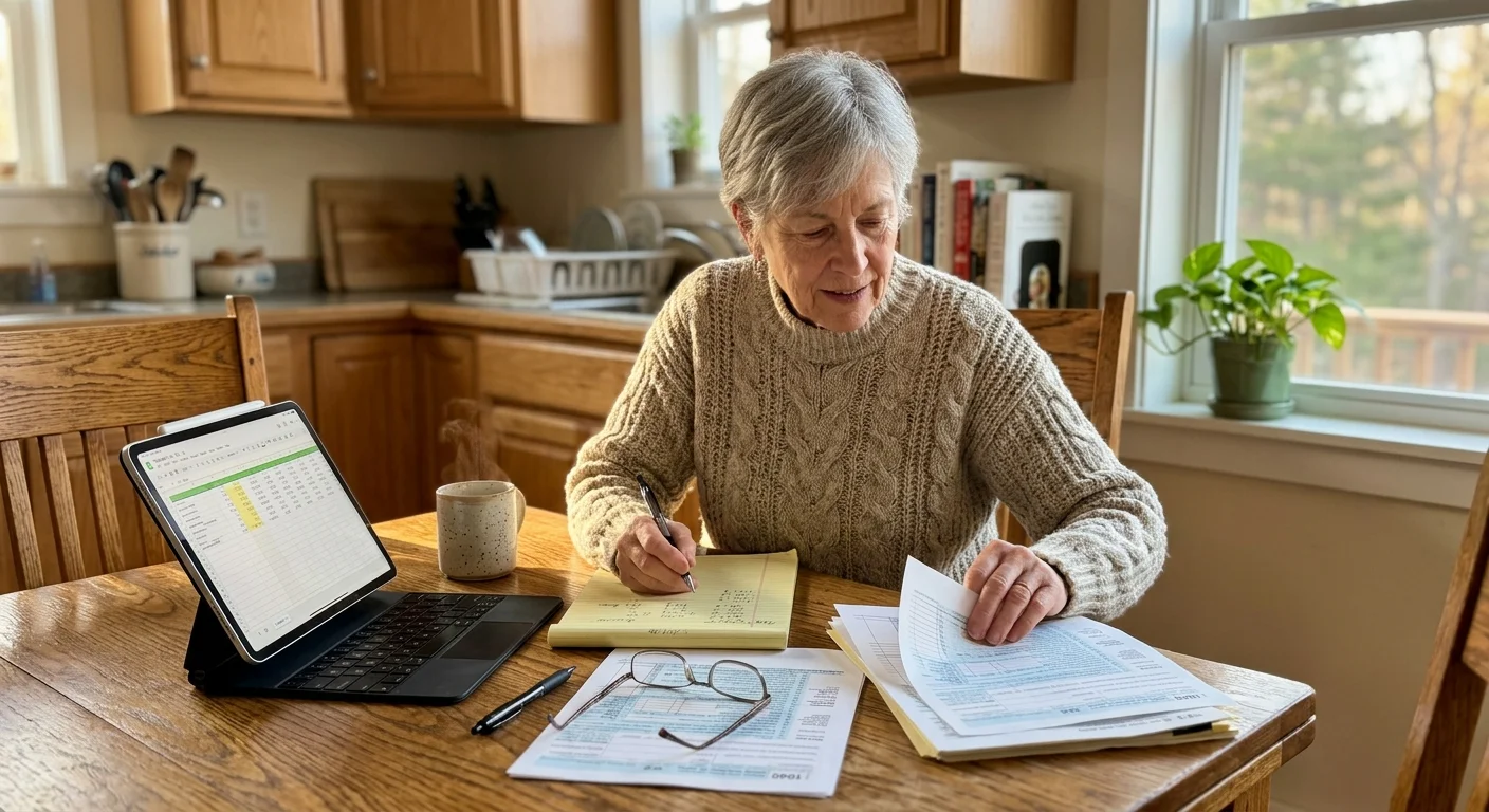 An older woman at her wooden dining table reviewing papers and a tablet screen under warm, natural light.