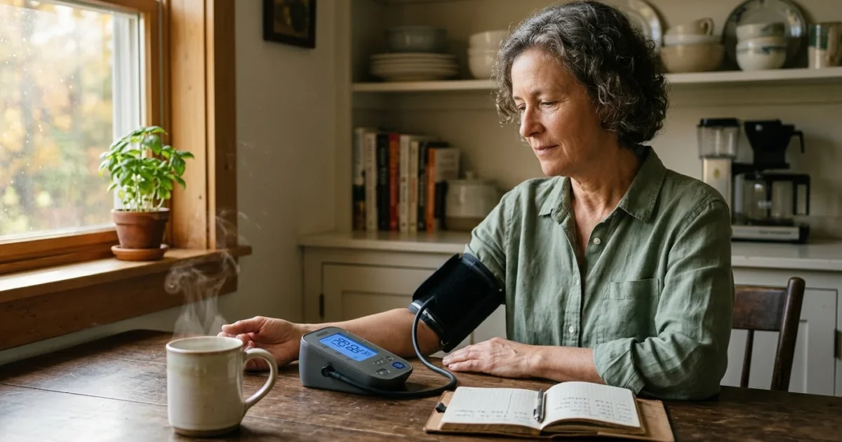 An older woman checks her blood pressure with a home monitor at her kitchen table in warm morning light.