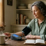 An older woman checks her blood pressure with a home monitor at her kitchen table in warm morning light.