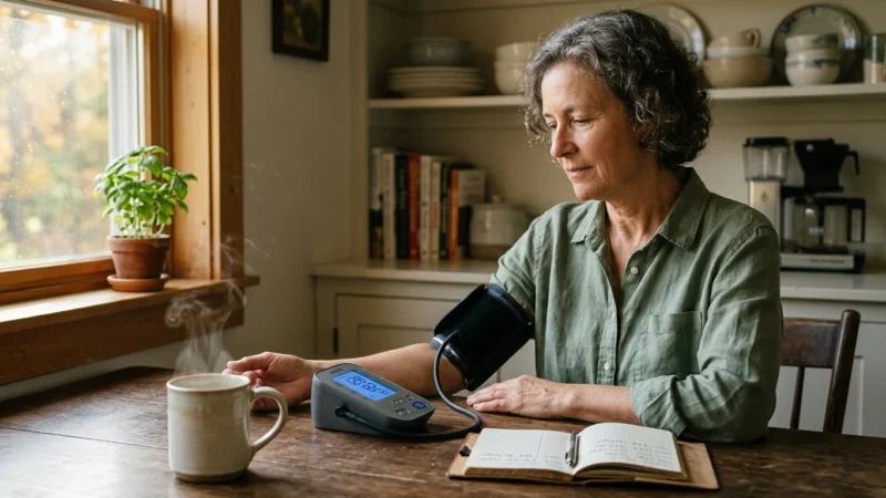 An older woman checks her blood pressure with a home monitor at her kitchen table in warm morning light.