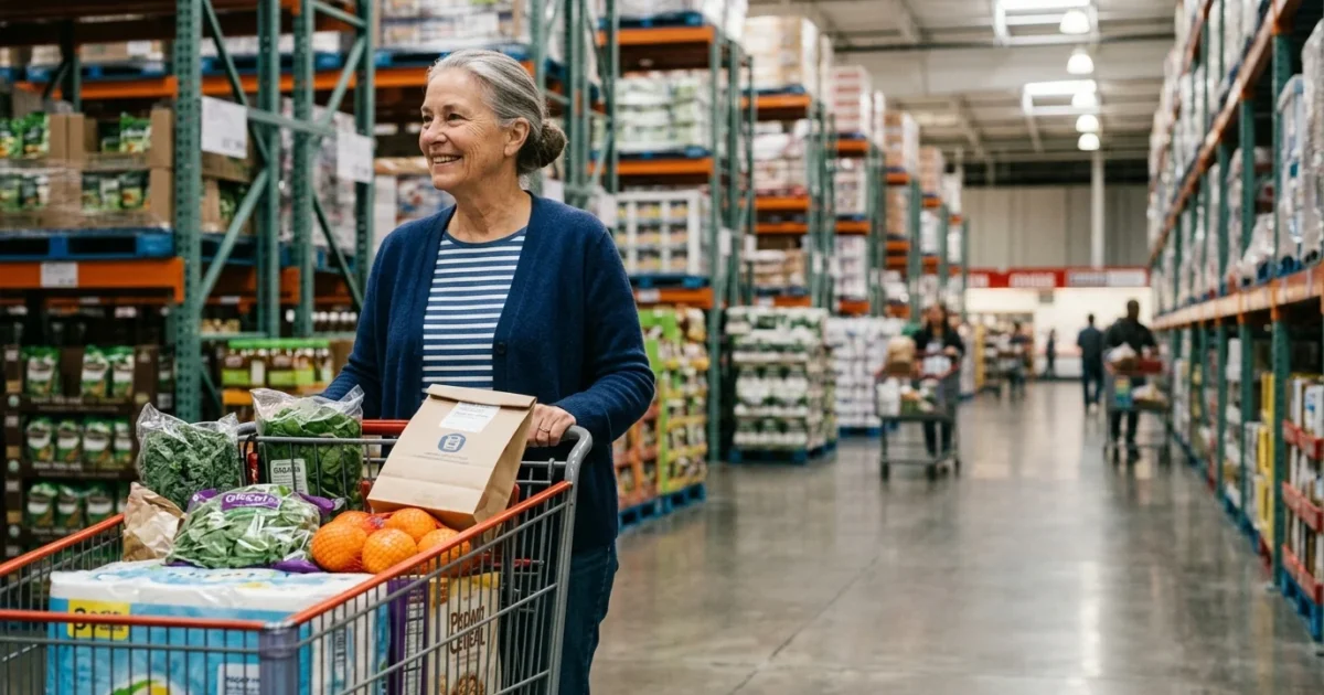 Smiling older woman pushing a shopping cart filled with groceries down a spacious warehouse store aisle.