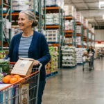 Smiling older woman pushing a shopping cart filled with groceries down a spacious warehouse store aisle.